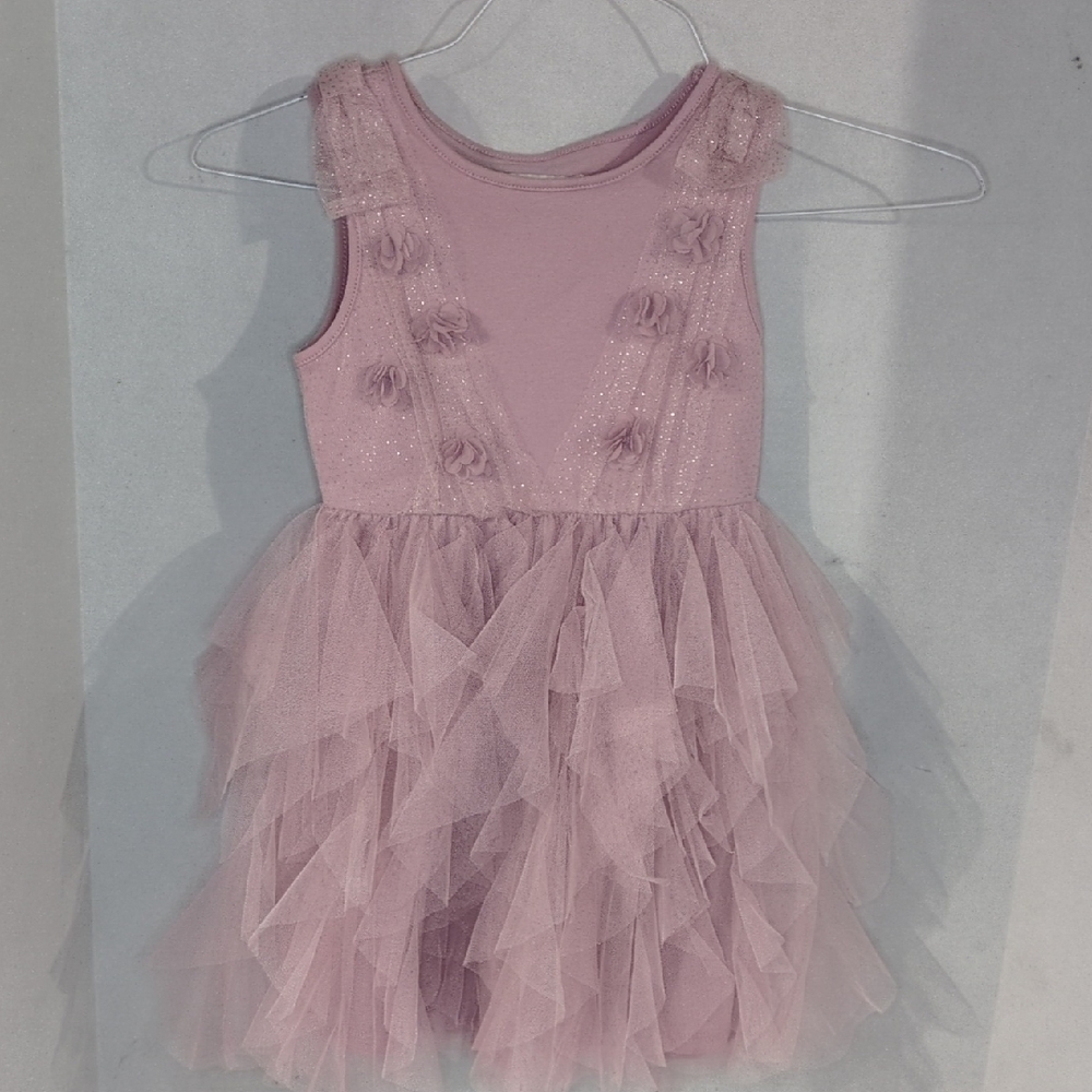 Girls Pink Tulle Ruffle Dress Ballet Appliqué Gold Dance Princess Elegant 5T
